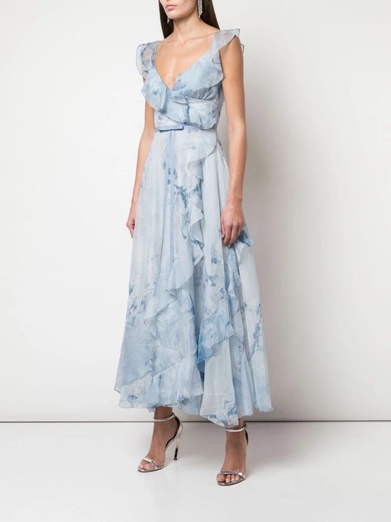 Marchesa Dresses & Skirts - Marchesa Pale Blue Ruffled V-Neck Maxi Dress